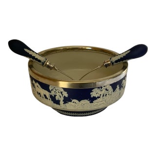 Antique William Adams Tunstall Blue Jasperware Salad Bowl Set W/ Matching Silverplate Serving Fork & Spoon Hunt - 3 pcs For Sale