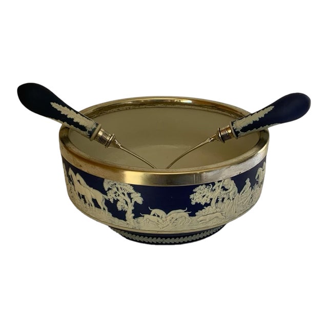 Antique William Adams Tunstall Blue Jasperware Salad Bowl Set W/ Matching Silverplate Serving Fork & Spoon Hunt - 3 pcs For Sale