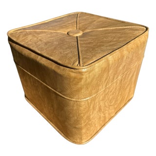 Vintage MCM Cube Square Vinyl Beige Foot Rest Ottoman For Sale