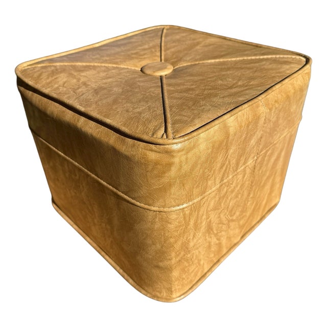 Vintage MCM Cube Square Vinyl Beige Foot Rest Ottoman For Sale