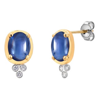 14k Yellow Gold Ceylon Cabochon Sapphire and Diamond Bezel-Set Stud Earrings, Pair For Sale