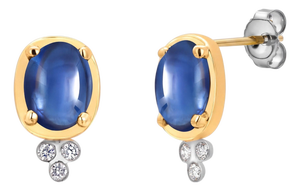 14k Yellow Gold Ceylon Cabochon Sapphire and Diamond Bezel-Set Stud Earrings, Pair