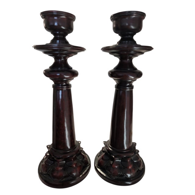 Cinnamon Faux Bois Rosewood Ceramic Candleholders - A Pair For Sale - Image 8 of 8