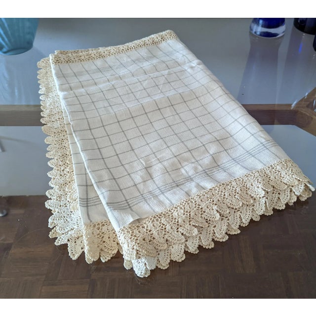 Mid 20th Century Vintage Linen Checkered Tablecloth With Crochet Details For Sale - Image 5 of 5