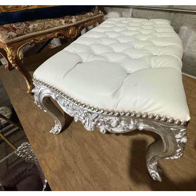 Textile Bench French Style With Silver Leaf Details For Sale - Image 7 of 7