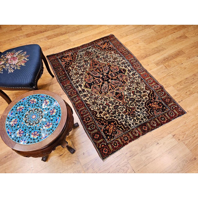 Ivory 19th Century Persian Farahan Rug, Hand-Knotted Wool, Floral Pattern, Tan & Navy, 4x5 For Sale - Image 8 of 16