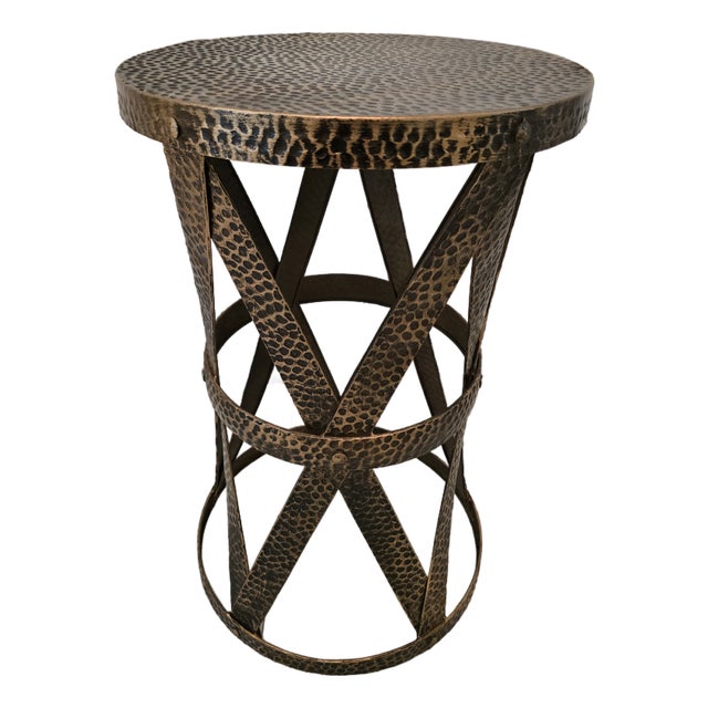 Mid Century Modern X Design Hand Hammered Side Table For Sale