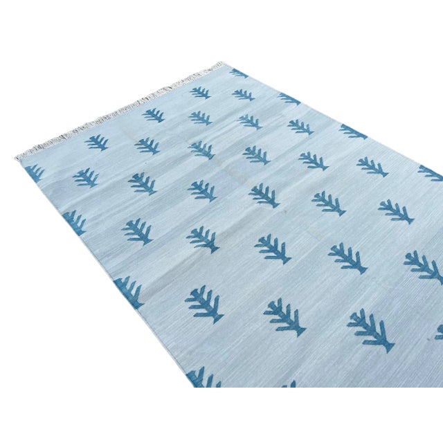 Textile Not Yet Made - Made To Order Handmade Cotton Area Rug Natural Vegetable Dyed Flat Weave Gray and Teal Blue Tree Pattern Dhurrie - 4'x6' For Sale - Image 7 of 10