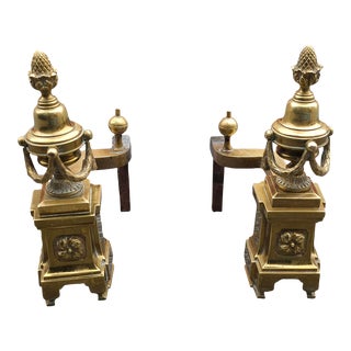 Pair of French Empire Louis XV Style Acorn and Swag Brass Andirons For Sale