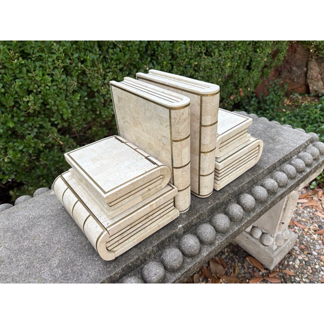 Pair of Maitland Smith Tessellated Travertine and Brass Bookends For Sale - Image 9 of 9