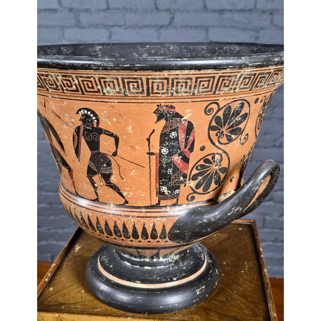 Black Greek Attic Style Pottery Krater W/Black Figures of Warriors & Dancers For Sale - Image 8 of 13