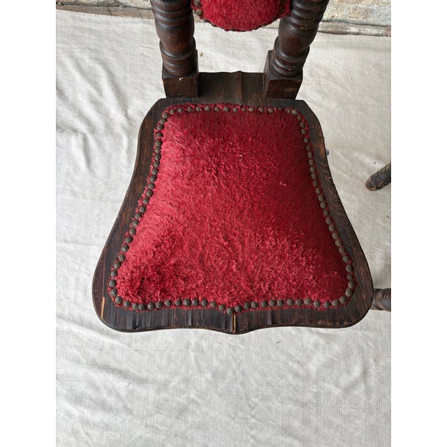 Red Vintage Spanish Revival Prayer Chairs With Red Velvet Upholstery – Pair For Sale - Image 8 of 18