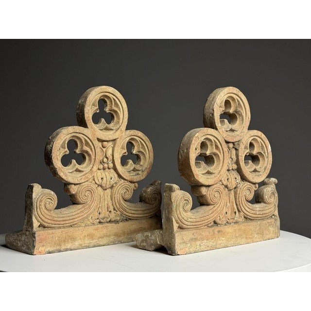 Set of 2 terracotta decorative ornaments. A fine pair of neo-gothic terracotta ornaments, originally intended as a...
