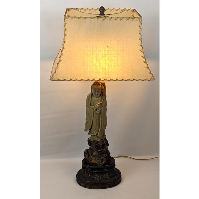 Early 20th Century Chinese Carved Soapstone Guanyin Table Lamp For Sale - Image 15 of 18