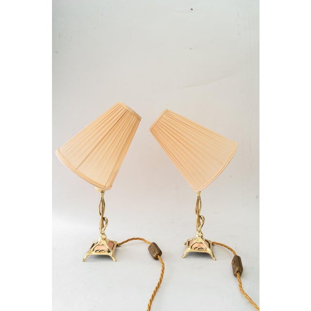 Copper Jugendstil Brass Table Lamps with Fabric Shades, Vienna, Austria, 1908, Set of 2 For Sale - Image 8 of 18