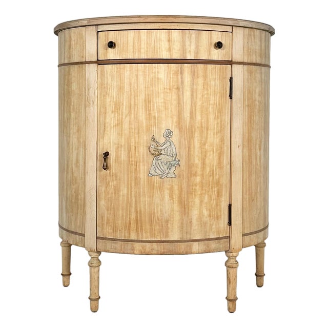 Vintage Demilune Cabinet With Door and Drawer Ready to Refinish For Sale