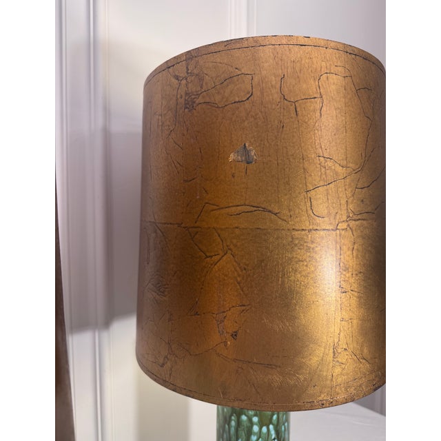 Vintage Mid Century Hollywood Regency Drip Glaze Ceramic Aqua, Brass & Gold Leaf Shaded Table Lamps, a Pair For Sale - Image 15 of 18