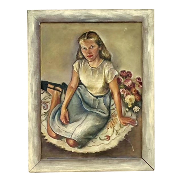 Vintage Boho Original Oil Portrait Painting on Canvas For Sale