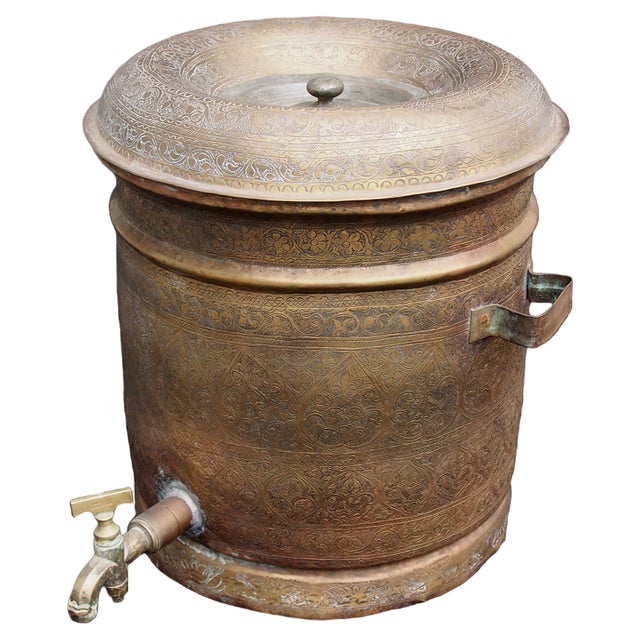 Large Antique Islamic Engraved Brass Bucket, 1920s For Sale