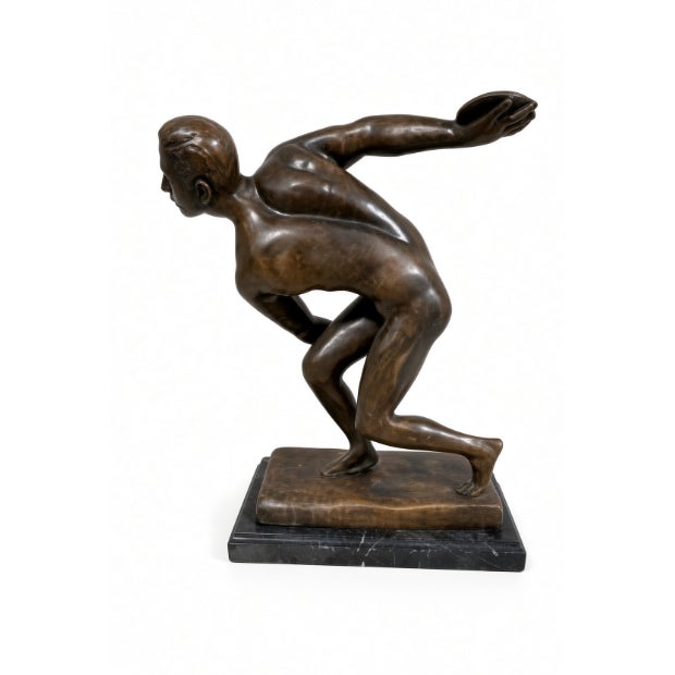 A bronze discobolus (discus thrower) on a marble base. Grand Tour / classical revival style. Sold as shown. About 10"W x...