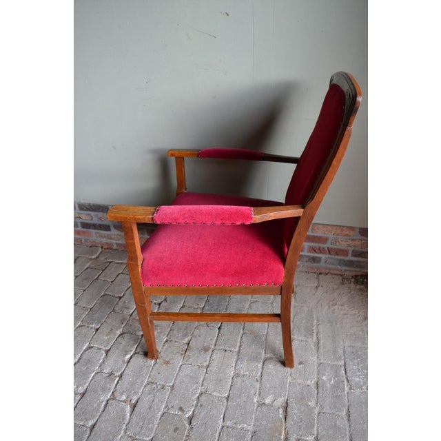 Art Deco Oak Armchair with Red Velvet For Sale - Image 6 of 8