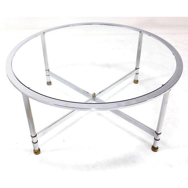 Mid Century Italian Modern Round Chrome & Brass Base Glass Top Coffee Table Mint For Sale - Image 6 of 6
