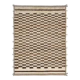 Modern Moroccan Style Checkerboard Wool Rug in Natural Ivory and Chocolate Brown For Sale