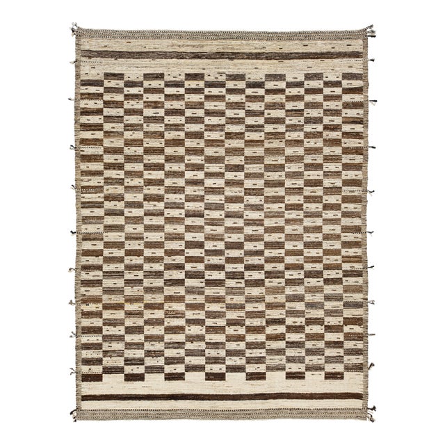 Modern Moroccan Style Checkerboard Wool Rug in Natural Ivory and Chocolate Brown For Sale