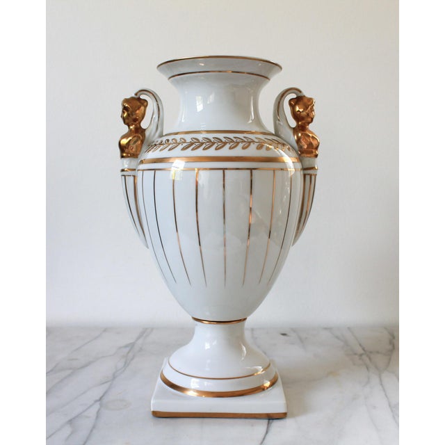 Hollywood Regency Neoclassical Porcelain Gold & White Female Figural Urn For Sale - Image 3 of 13
