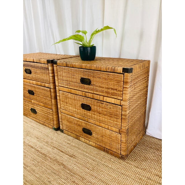 Vintage Pair of Woven Rattan Chest on Chest Dressers Boho Chic Campaign Style For Sale - Image 11 of 15