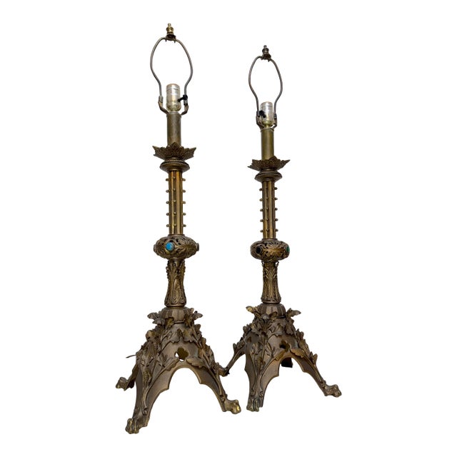 Antique 1800's Ornate Bronze Religious Candle Holder Electric Table Lamps - a Pair For Sale