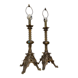 Antique 1800's Ornate Bronze Religious Candle Holder Electric Table Lamps - a Pair