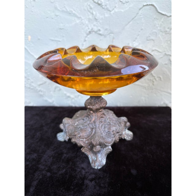 Victorian Antique Amber Glass Compote on Ornate Cast Metal Base, C. 1900–1920 For Sale - Image 3 of 10