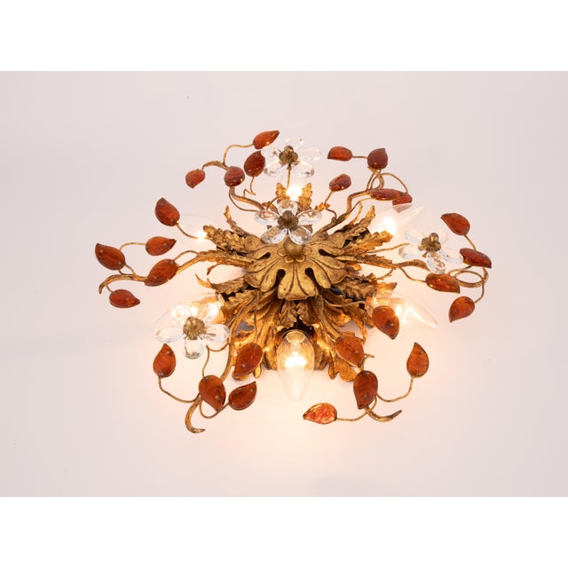 Banci 1970s Mid Century Modern Italian Toleware Flush Mount by Banci Firenze, Gold Red For Sale - Image 4 of 5