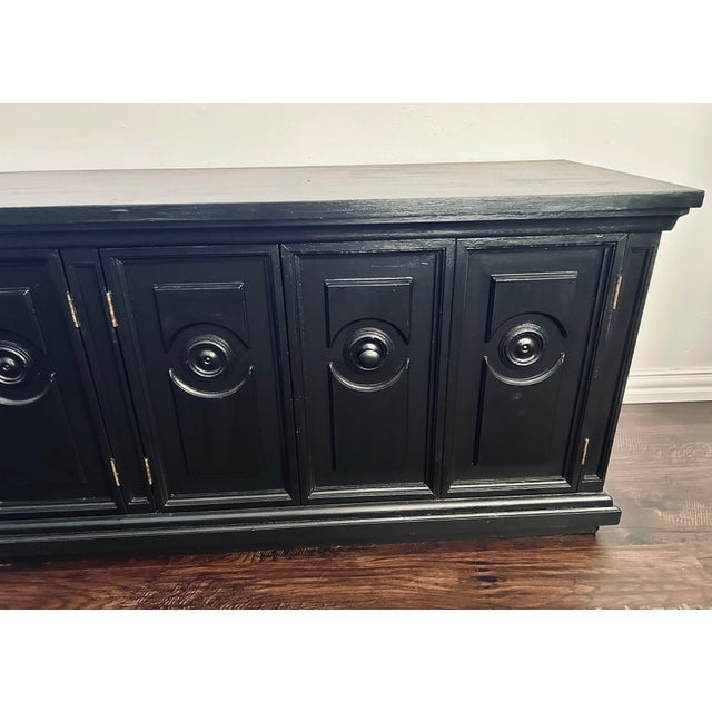 Vintage Black Oak Wood Sideboard Buffet, 6-Door Raised Panel Freestanding Cabinet For Sale - Image 9 of 10