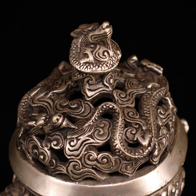 Metal Vintage Silver-Plated Bronze Incense Burner With Dragon Lid - Asian Censer For Sale - Image 7 of 8