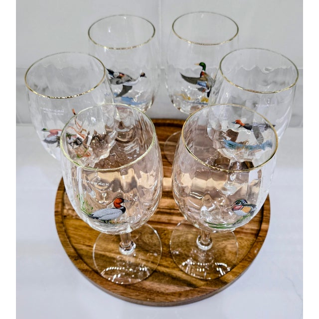 Vintage Ned Smith Waterfowl Series 22k Gold Rim Crinkle Wine Glasses Set of 6 For Sale - Image 14 of 14