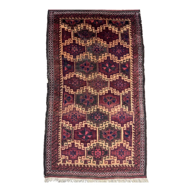 Vintage Balutch Rug With Tribal Star Medallions in Burgundy and Black – 5'4" X 3'1" For Sale