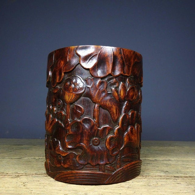 Chinese Vintage Chinese Bamboo Carved "Lotus & Crab" Brush Pot - 480g For Sale - Image 3 of 9