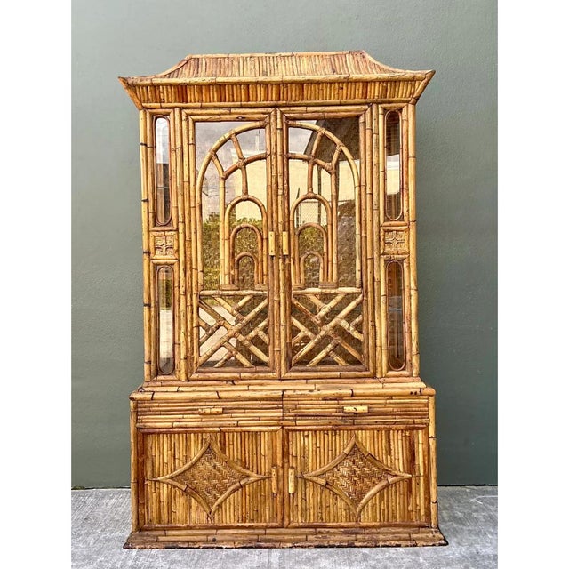 Vintage Chinoiserie Pagoda Rattan China Cabinet For Sale - Image 9 of 12