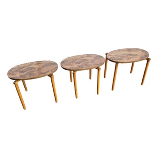 Mid Century Modern Oval Burlwood Laminate Nesting Tables For Sale