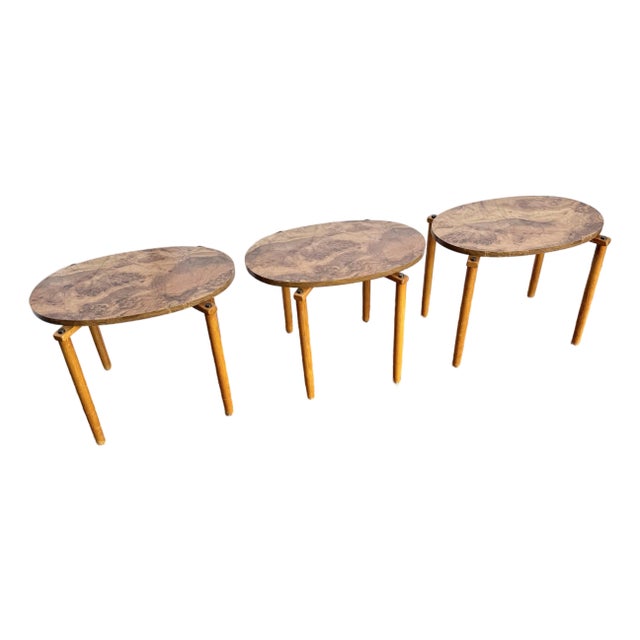 Mid Century Modern Oval Burlwood Laminate Nesting Tables For Sale