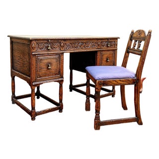 Feudal Oak by Jamestown Lounge Co. Spanish Colonial Revival Carved Oak Desk and Chair Set, Circa 1920s–1930s For Sale