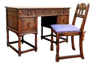 Feudal Oak by Jamestown Lounge Co. Spanish Colonial Revival Carved Oak Desk and Chair Set, Circa 1920s–1930s