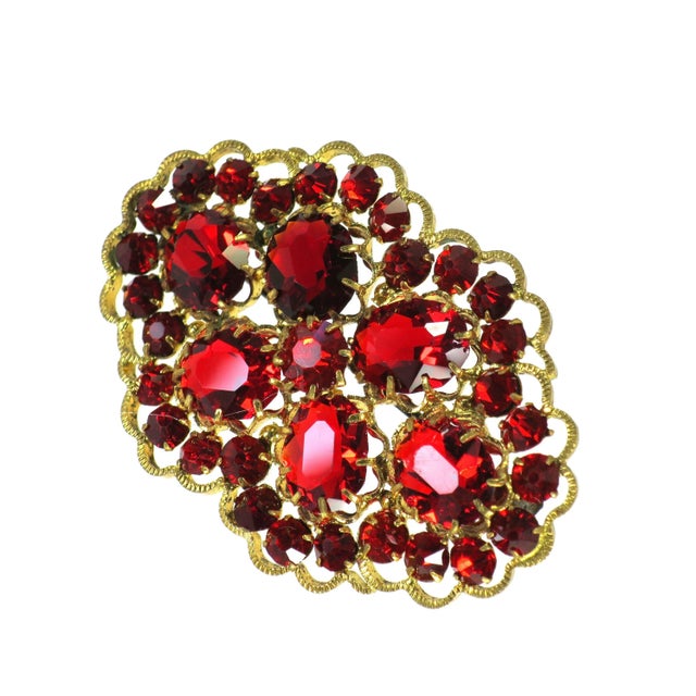 Traditional Vintage Czech Gilded Ruby Crystal Brooch 1920s For Sale - Image 3 of 7