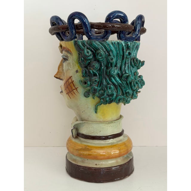 Cantagalli Rare Pair of Cantagalli Florence Renaissance Revival Majolica Figural Head Vases, Italy, Late 19th Century For Sale - Image 4 of 12