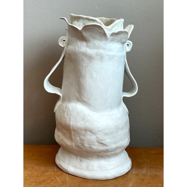 Off-white Vintage Biomorphic Sculptural Ceramic Vase With Handles For Sale - Image 8 of 12