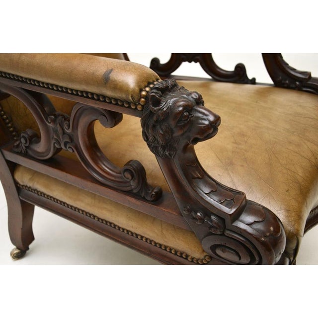 Wood Antique Victorian Carved Leather Chair, 1850s For Sale - Image 7 of 11