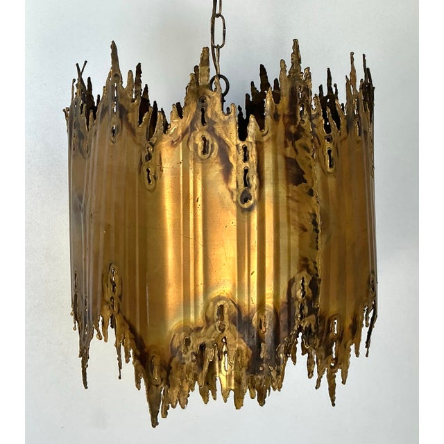 Vintage Tom Greene Brutalist Torch Cut Brass Chandelier For Sale In West Palm - Image 6 of 12