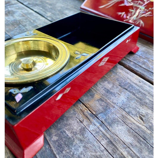 Vintage Japanese Red Lacquer Smoking Box With Mother-of-Pearl Birds and Brass Ash Receiver For Sale - Image 9 of 16
